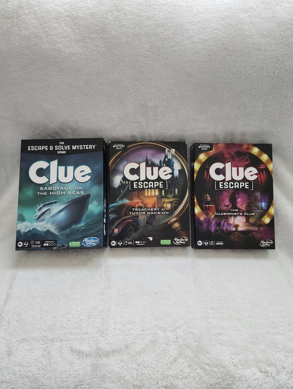 Clue Escape Board Game Lot of 3 Tudor Mansion High Seas Illusionists Club Hasbro